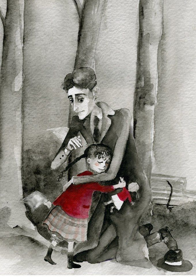 Illustration related to Kafka and the Traveling Doll, showing Kafka comforting a young girl.